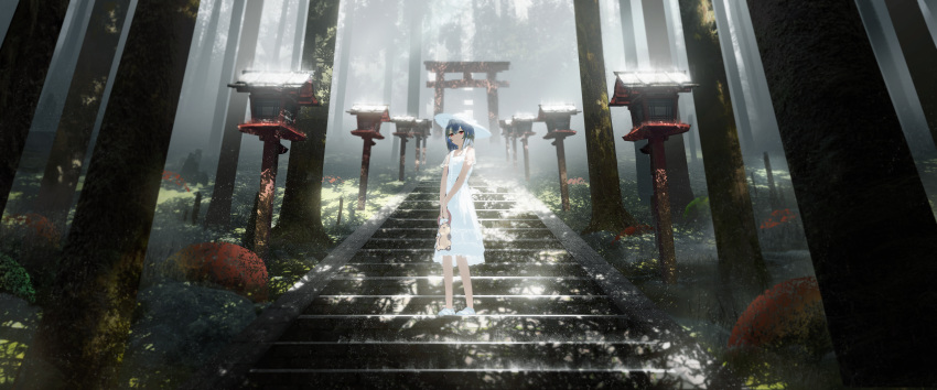 1girl absurdres asteroid_ill bangs blue_hair dappled_sunlight day doll dress flower forest hair_flower hair_ornament hat highres huge_filesize idolmaster idolmaster_shiny_colors lantern looking_at_viewer morino_rinze nature outdoors red_eyes scenery short_hair solo stairs standing stone_lantern sundress sunlight torii tree white_dress white_headwear