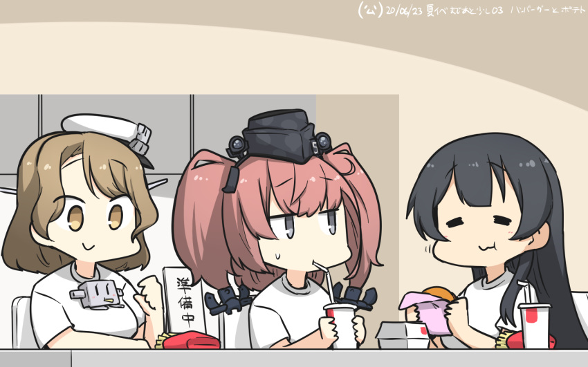 3girls agano_(kantai_collection) anchor_hair_ornament atlanta_(kantai_collection) black_hair black_headwear blush breasts brown_eyes closed_eyes commentary_request cup disposable_cup drinking_straw eating eyebrows_visible_through_hair fast_food food french_fries garrison_cap gloves hair_ornament hamburger hamu_koutarou hat headgear highres holding houston_(kantai_collection) kantai_collection large_breasts long_hair looking_at_viewer multiple_girls peaked_cap shirt short_hair short_sleeves sitting smile sweat translated white_gloves white_shirt