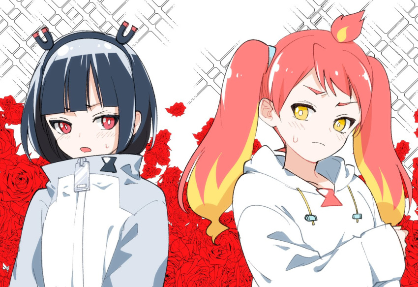 2girls bangs black_hair black_hairband blonde_hair blunt_bangs blush closed_mouth drawstring floral_background flower hairband hikasa_tomoshika hood hood_down hoodie jacket jitomi_monoe kiko_(kikobooom) long_sleeves magnet multicolored_hair multiple_girls parted_lips red_eyes red_flower red_rose redhead rose simple_background sleeves_past_wrists sparkle_background sweat twintails two-tone_hair upper_body virtual_youtuber voms white_background white_hoodie white_jacket yellow_eyes zipper_pull_tab