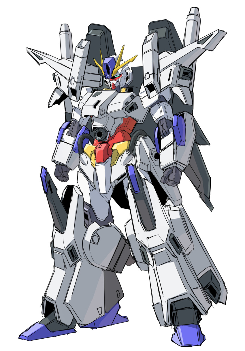 absurdres aqua_eyes clenched_hands core_gundam_ii fazz_(gundam) fusion gundam gundam_build_divers gundam_build_divers_re:rise gundam_sentinel highres mecha no_humans solo standing sukekiyo56 thrusters v-fin white_background