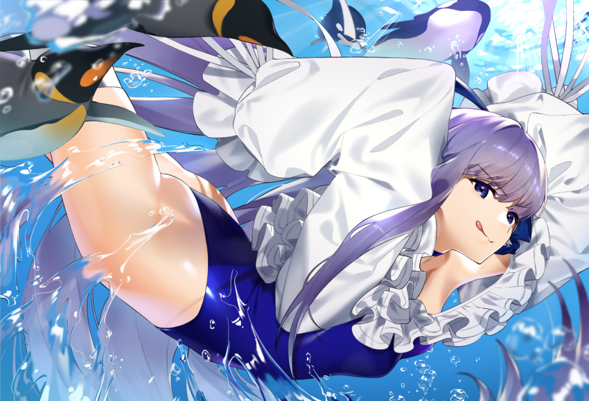 1girl ass bangs bare_shoulders bird blue_eyes blue_ribbon breasts choker closed_mouth collarbone fate/grand_order fate_(series) frills hair_ribbon highleg highleg_swimsuit highres licking_lips long_hair long_sleeves looking_at_viewer meltryllis meltryllis_(swimsuit_lancer)_(fate) off-shoulder_swimsuit one-piece_swimsuit penguin puffy_sleeves purple_hair ribbon sino42 sleeves_past_fingers sleeves_past_wrists small_breasts smile swimming swimsuit thighs tongue tongue_out underwater very_long_hair white_ribbon