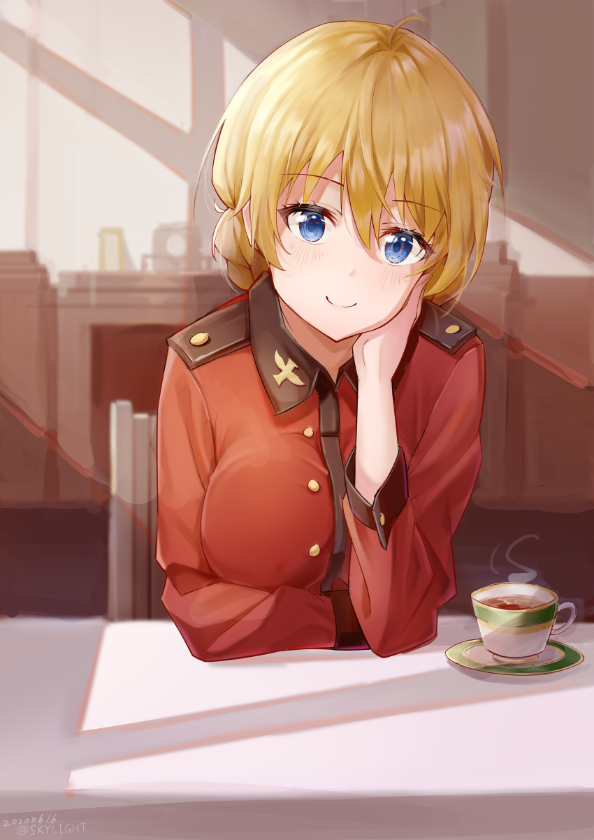 1girl absurdres bangs blonde_hair blue_eyes blurry blurry_background braid chair chin_rest closed_mouth commentary cup darjeeling_(girls_und_panzer) dated depth_of_field elbow_rest epaulettes eyebrows_visible_through_hair girls_und_panzer head_tilt highres indoors insignia jacket light_blush long_sleeves looking_at_viewer military military_uniform red_jacket saucer short_hair skylight_(user_cdwe8882) smile solo st._gloriana's_military_uniform steam table tea teacup tied_hair twitter_username uniform