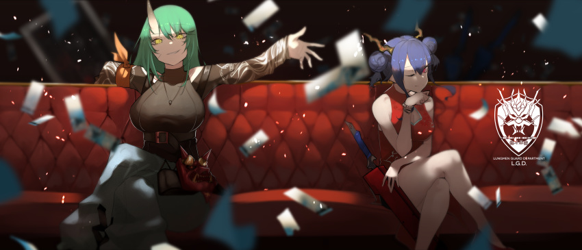 2girls absurdres arknights arm_ribbon arm_scarf bangs bare_shoulders black_shirt blue_hair blue_pants ch'en_(arknights) cleavage_cutout couch crossed_legs dragon_horns dress falling_card fataaa green_hair grin hair_between_eyes hair_bun hand_on_own_chin highres horns hoshiguma_(arknights) jewelry long_hair looking_at_viewer mask multiple_girls necklace one_eye_closed oni_horns oni_mask pants red_dress red_eyes ribbon sheath shirt single_horn sitting smile sword thighs underbust weapon yellow_eyes