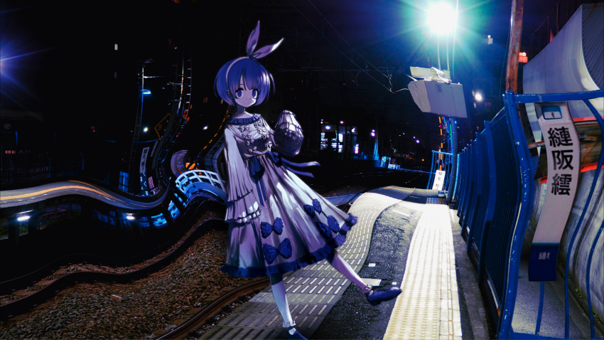 1girl :o absurdres afternooners blue_eyes blue_hair bow distortion dress empty_eyes fence frilled_dress frills hair_bow headband highres kisaragi_station lens_flare looking_at_viewer mojibake_text night original outdoors pants photo_background railroad_tracks screencap shoes short_hair sleeves_past_wrists solo standing standing_on_one_leg train_station urban urban_legend white_pants