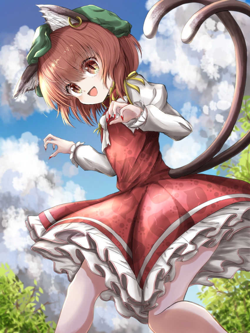 1girl :d animal_ear_fluff animal_ears animal_print arms_up blue_sky bow bowtie brown_eyes brown_hair cat_ears cat_print cat_tail chen claw_pose clouds commentary cropped_legs day eyebrows_visible_through_hair eyes_visible_through_hair feet_out_of_frame fingernails from_below from_side green_headwear hair_between_eyes hat highres jewelry juliet_sleeves kayon_(touzoku) long_sleeves looking_at_viewer mob_cap multiple_tails nail_polish open_mouth outdoors paw_print_pattern petticoat puffy_sleeves red_eyes red_nails red_skirt red_vest sharp_fingernails shirt short_hair single_earring skirt sky slit_pupils smile solo standing tail topiary touhou vest white_neckwear white_shirt