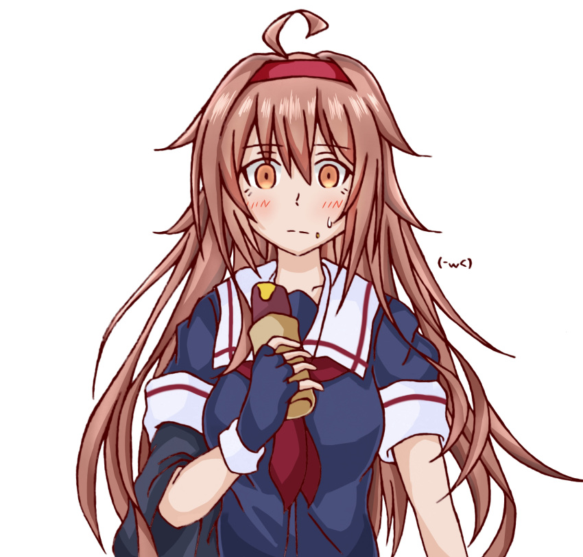 1girl absurdres asymmetrical_clothes black_serafuku brown_eyes brown_hair commentary_request food hair_flaps hairband highres kantai_collection koutetunamekuji long_hair looking_at_viewer neckerchief red_hairband red_neckwear remodel_(kantai_collection) sailor_collar school_uniform serafuku shiratsuyu_(kancolle) simple_background solo sweet_potato upper_body whistle whistle_around_neck white_background white_sailor_collar