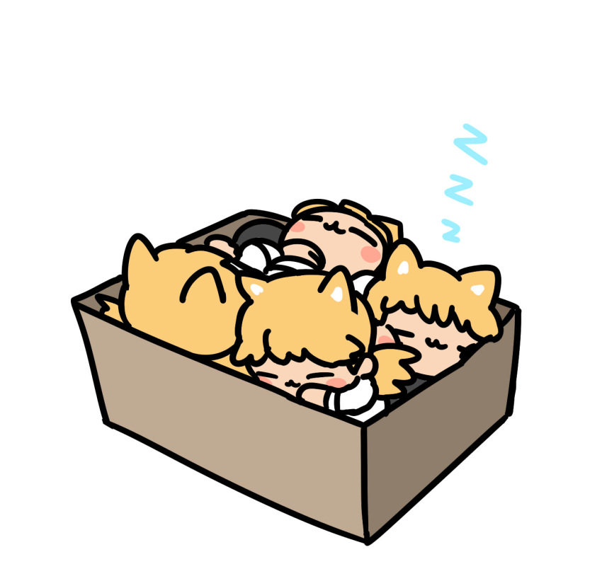 4girls :3 =_= afei_(sfma3248) animal_ears blonde_hair blush_stickers box cardboard_box cat_ears chibi chinese_commentary clone commentary_request girls_frontline highres idw_(girls_frontline) in_box in_container long_hair lying multiple_girls on_back simple_background sleeping twintails white_background zzz