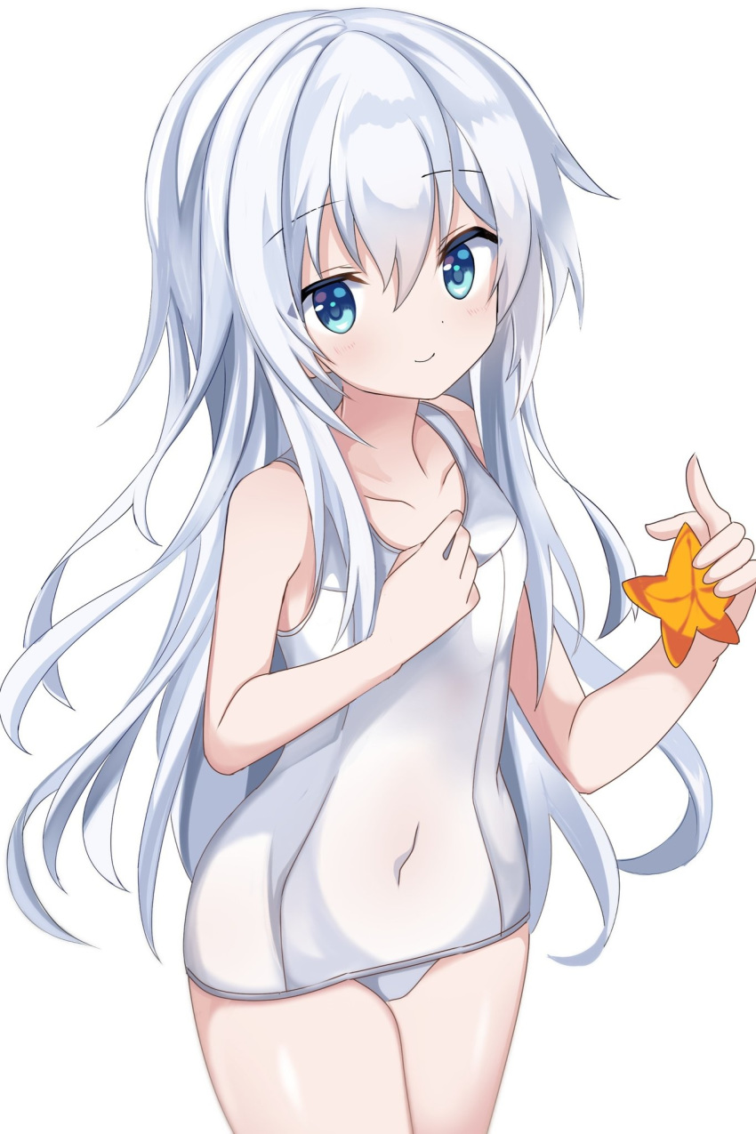 1girl blue_eyes cowboy_shot fathom flat_chest hand_on_own_chest hibiki_(kantai_collection) highres kantai_collection long_hair looking_at_viewer school_swimsuit silver_hair simple_background smile solo starfish swimsuit white_background white_swimsuit