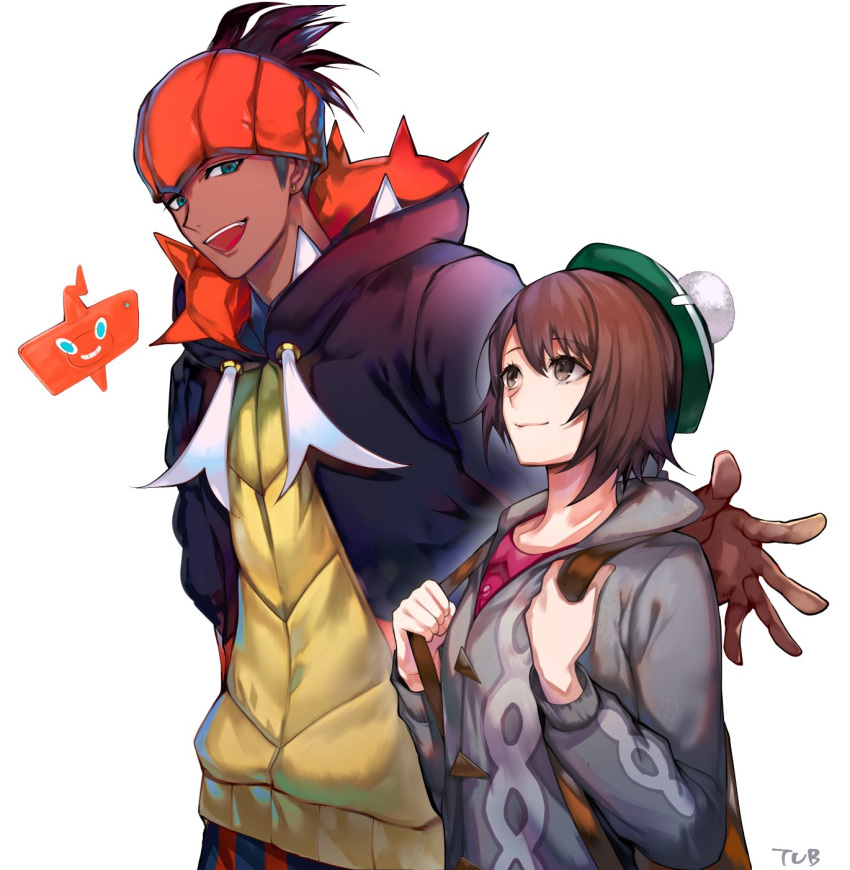 1boy 1girl artist_name backpack bag bangs blue_eyes bob_cut brown_eyes brown_hair cardigan closed_mouth commentary_request dark_skin dark_skinned_male eyebrows_visible_through_hair gen_4_pokemon gloves green_headwear grey_cardigan gym_leader hat height_difference highres jacket kibana_(pokemon) long_sleeves looking_to_the_side orange_headwear pokemon pokemon_(creature) pokemon_(game) pokemon_swsh rotom rotom_phone short_hair simple_background smile standing tam_o'_shanter tcb v white_background yuuri_(pokemon)