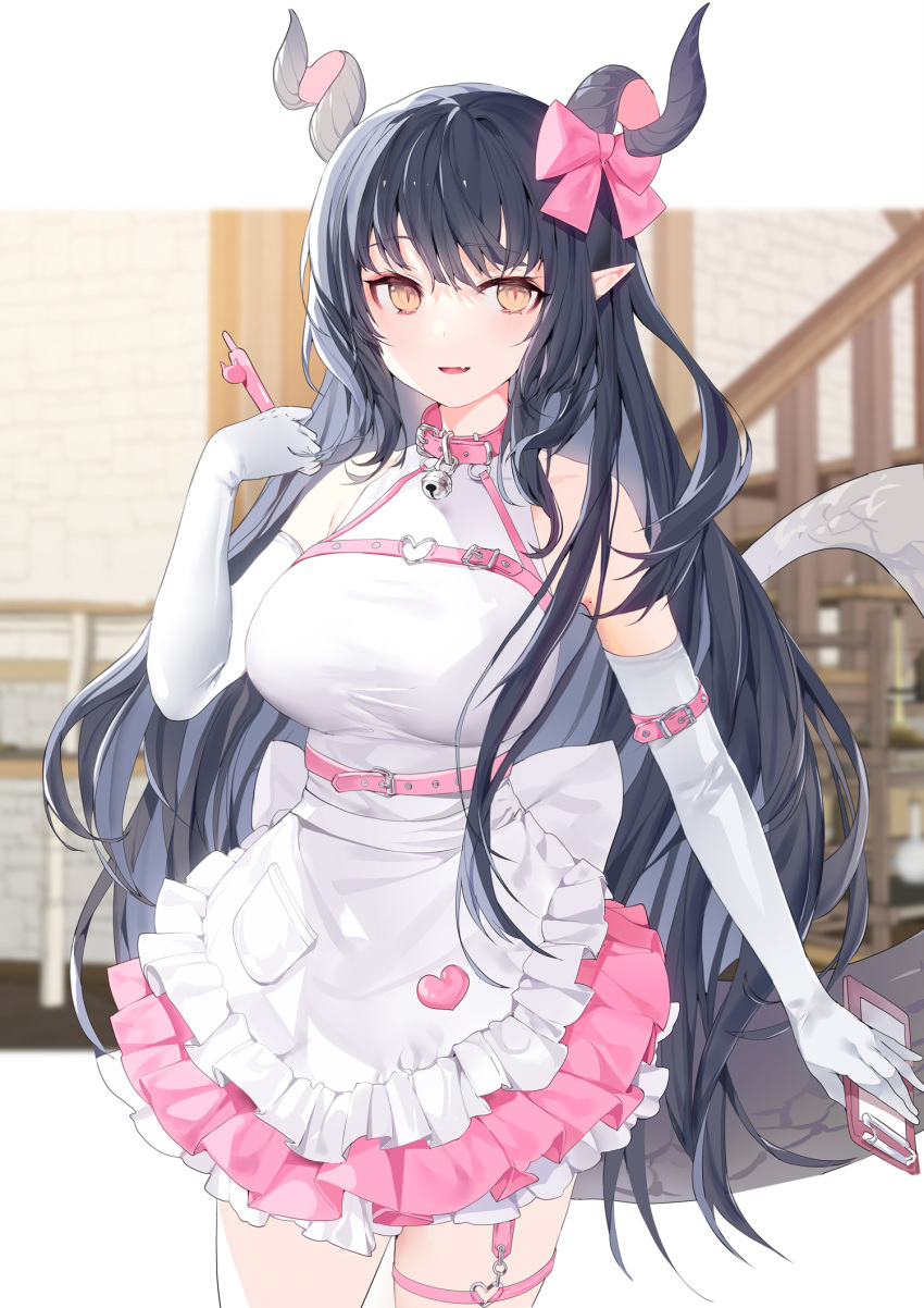 1girl apron bare_shoulders belt black_hair bow breasts brown_eyes cowboy_shot curled_horns dress elbow_gloves fang frilled_dress frills gloves hair_bow hand_up highres holding horns large_breasts long_hair looking_at_viewer maid_apron multiple_belts open_mouth original pink_dress pointy_ears ronopu sidelocks sleeveless sleeveless_dress smile solo standing tail taut_clothes taut_dress thigh_strap very_long_hair white_gloves
