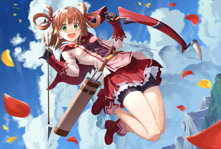1girl :d absurdres arrow_(projectile) bangs bike_shorts black_gloves blue_sky blurry boots bow_(weapon) brown_hair capelet clouds cloudy_sky commentary dutch_angle eyebrows_visible_through_hair gloves green_eyes hair_ornament hair_rings highres holding holding_arrow holding_bow_(weapon) holding_weapon jumping legs_up long_sleeves looking_at_viewer medium_hair miniskirt mountain open_mouth petals petticoat pink_legwear pink_shirt pleated_skirt princess_connect! princess_connect!_re:dive quiver red_capelet red_footwear red_skirt rino_(princess_connect!) shirt shorts shorts_under_skirt skirt sky smile socks solo weapon yansun