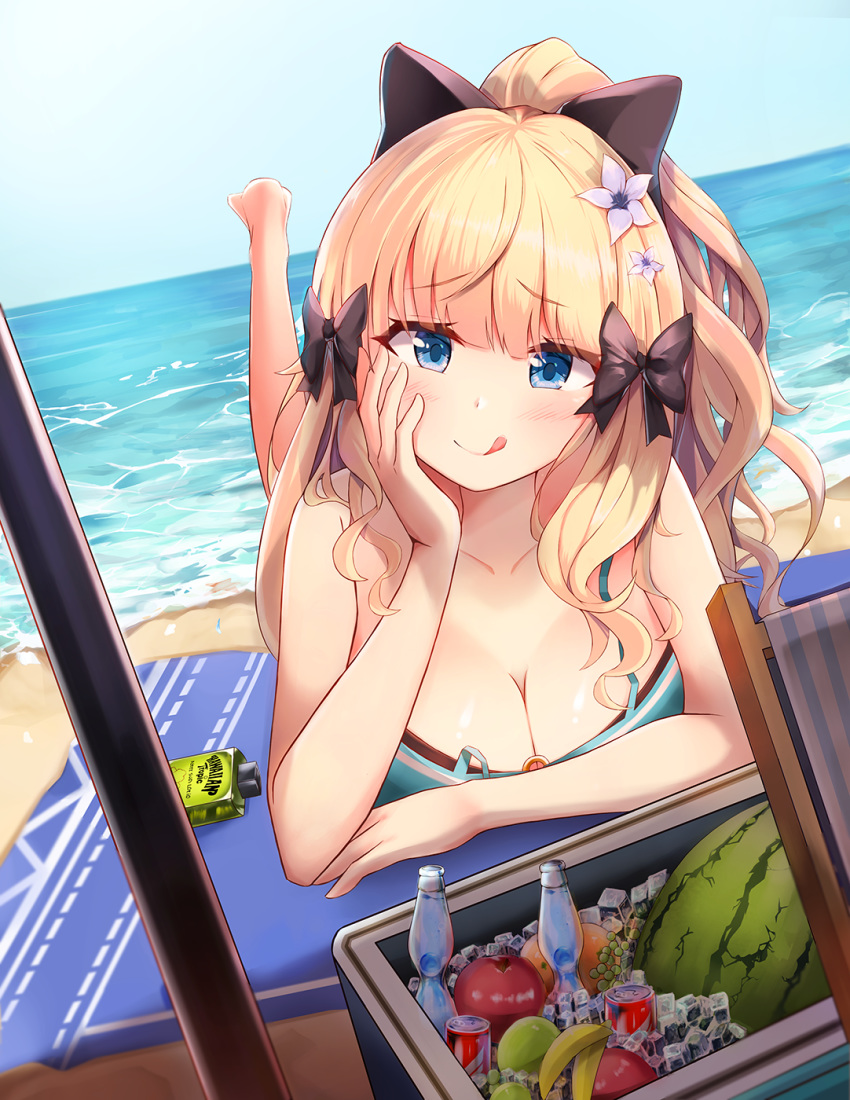 1girl bangs bikini black_bow blonde_hair blue_eyes blush bow breasts elf eyebrows_visible_through_hair flower hair_bow hair_flower hair_ornament highres large_breasts long_hair looking_at_viewer ocean pointy_ears ponytail princess_connect! princess_connect!_re:dive saren_(princess_connect!) sira_(user_dswn7488) smile solo swimsuit