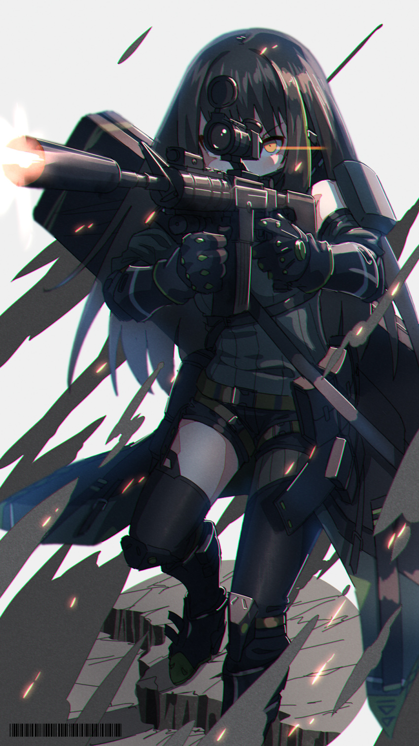 arm_guards arm_pouch arms_up assault_rifle bangs barcode black_footwear black_gloves black_hair black_legwear black_shorts boots brown_eyes combat_boots covered_face detached_sleeves firing foregrip full_body girls_frontline gloves green_eyes green_sweater ground gun highres holding holding_weapon knee_guards kuro_kosyou long_hair lying m4_carbine m4a1_(girls_frontline) mask multicolored_hair muzzle_flash on_back rifle scope serious shiny shiny_hair short_shorts shorts sight simple_background sleeveless_sweater smoke standing strap suppressor sweater thigh-highs weapon weapon_case white_background zettai_ryouiki