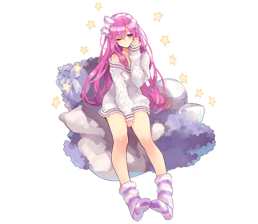 artist_request fuzzy_footwear highres looking_at_viewer official_art phantom_of_the_kill pillow pink_eyes pink_hair sweater transparent_background tyrfing_(phantom_of_the_kill)