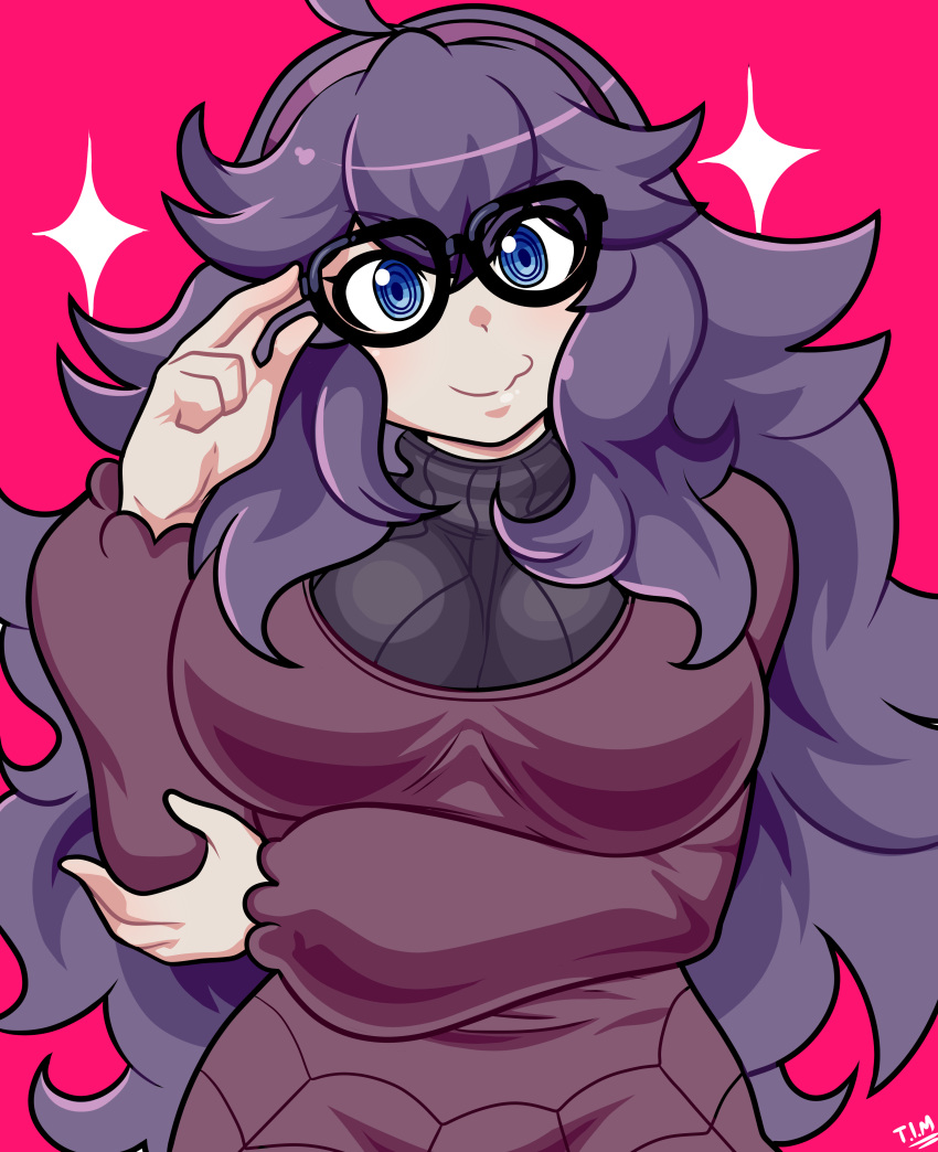 :3 @_@ absurdres adjusting_eyewear ahoge blue_eyes commentary commission dress english_commentary glasses hand_on_own_elbow headband hex_maniac_(pokemon) highres long_dress long_hair pink_background pokemon pokemon_(game) pokemon_xy purple_hair purple_headband ribbed_sweater silk simple_background smile sparkle spider_web spider_web_print sweater theironmountain