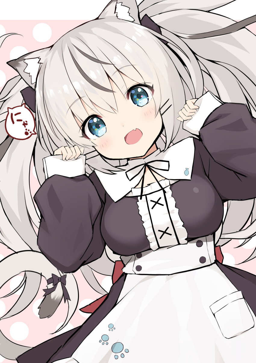 1girl :d absurdres animal_ear_fluff animal_ears apron back_bow bangs black_bow black_dress black_ribbon blue_eyes blush bow breasts cat_ears cat_girl cat_tail dress eyebrows_visible_through_hair fang gedou_(shigure_seishin) grey_hair hair_bow hair_ornament hairclip highres hinatsuki_mofu indie_virtual_youtuber long_hair long_sleeves looking_at_viewer medium_breasts multicolored_hair neck_ribbon open_mouth paw_pose paw_print polka_dot polka_dot_background puffy_long_sleeves puffy_sleeves red_bow ribbon silver_hair sleeves_past_wrists smile solo tail tail_bow twintails two-tone_hair virtual_youtuber