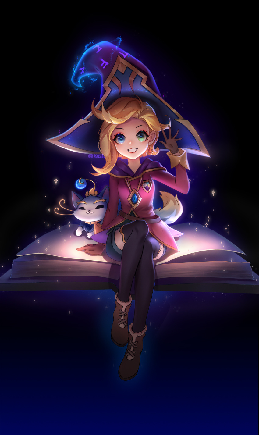 1girl :d alternate_costume animal_ears arcanist_zoe_(league_of_legends) arm_support bangs blonde_hair blue_eyes book boots cat dress earrings gloves green_eyes hat heterochromia highres jewelry kezi league_of_legends long_hair long_sleeves looking_at_viewer open_mouth pink_dress shorts sitting sitting_on_book smile solo teeth thigh-highs very_long_hair waving witch_hat yuumi_(league_of_legends) zoe_(league_of_legends)