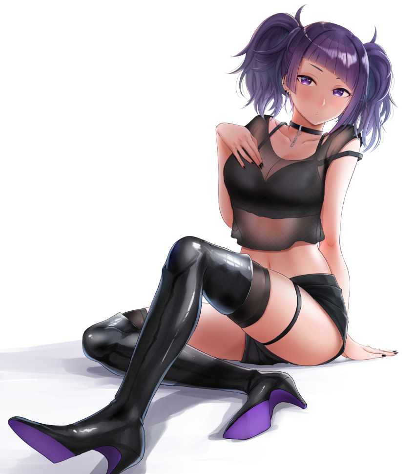 1girl :o arm_support bangs black_choker black_footwear black_legwear black_shorts blunt_bangs blush boots choker crop_top ear_piercing hand_on_own_chest high_heels highres idolmaster idolmaster_shiny_colors knee_up looking_at_viewer nail_polish navel piercing purple_hair see-through shogun_(a96040021) short_sleeves shorts simple_background sitting skindentation solo strap_slip tanaka_mamimi thigh-highs thigh_boots thigh_strap twintails violet_eyes white_background