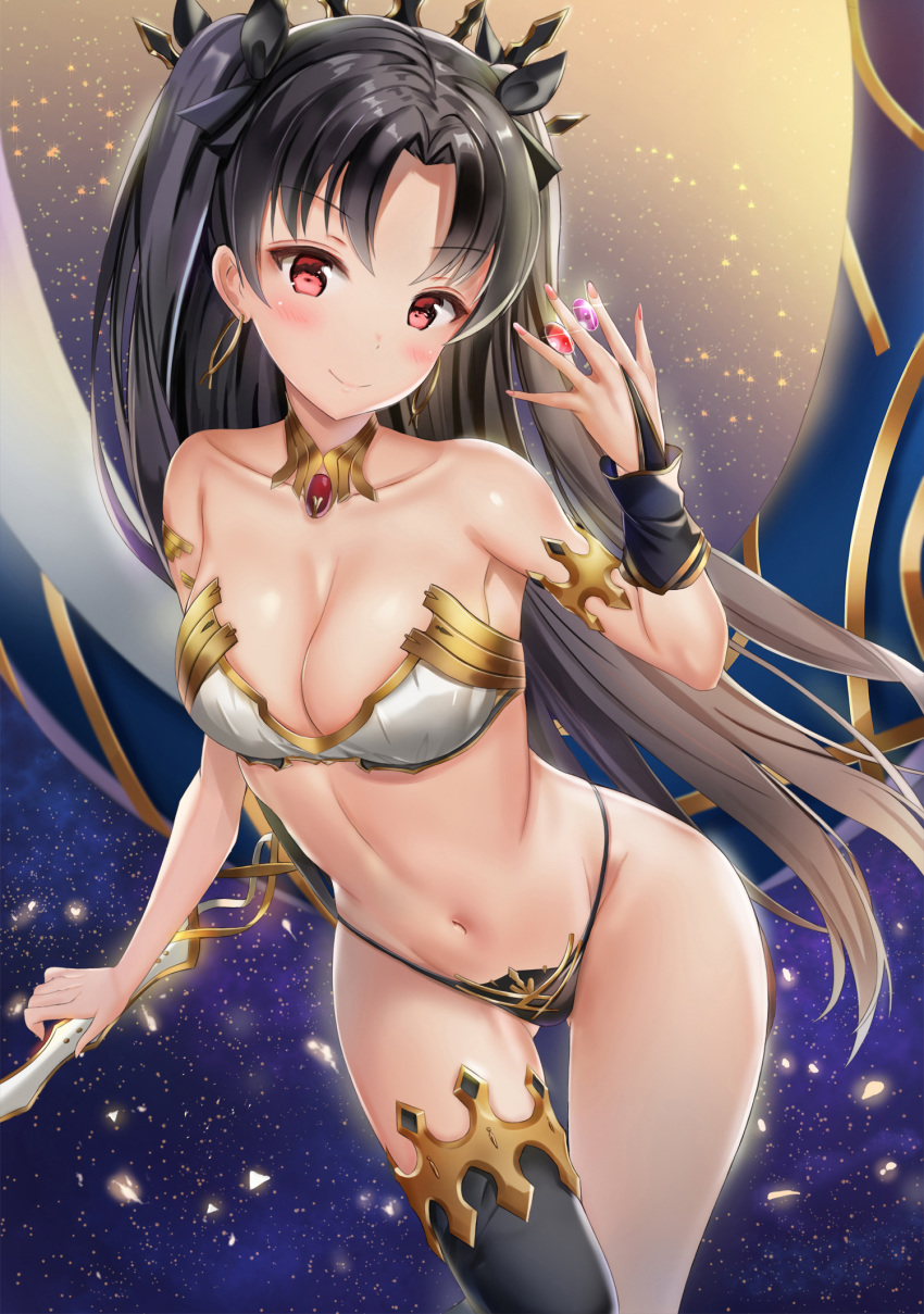 1girl armpits ass_visible_through_thighs bangs bare_shoulders between_fingers black_hair breasts collar fate/grand_order fate_(series) gold_trim groin hair_ribbon hand_up highres ishtar_(fate)_(all) ishtar_(fate/grand_order) kitin long_hair looking_at_viewer medium_breasts navel parted_bangs red_eyes revealing_clothes ribbon single_thighhigh solo stomach string_panties thigh-highs thighs two_side_up very_long_hair