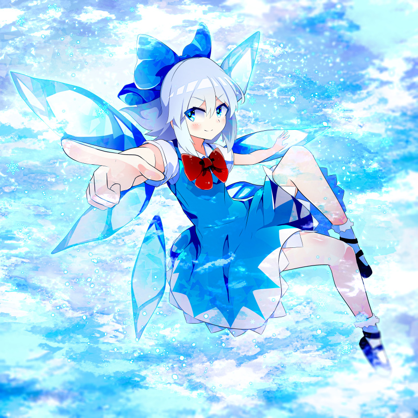 1girl absurdres bangs black_footwear blue_bow blue_dress blue_eyes blue_hair bow bowtie cirno closed_mouth dress eyebrows_visible_through_hair hair_between_eyes hair_bow highres huge_filesize ice ice_wings kuro_nasu looking_to_the_side medium_hair pointing red_bow red_neckwear short_sleeves snowflakes socks solo touhou v-shaped_eyebrows white_legwear white_sleeves wings