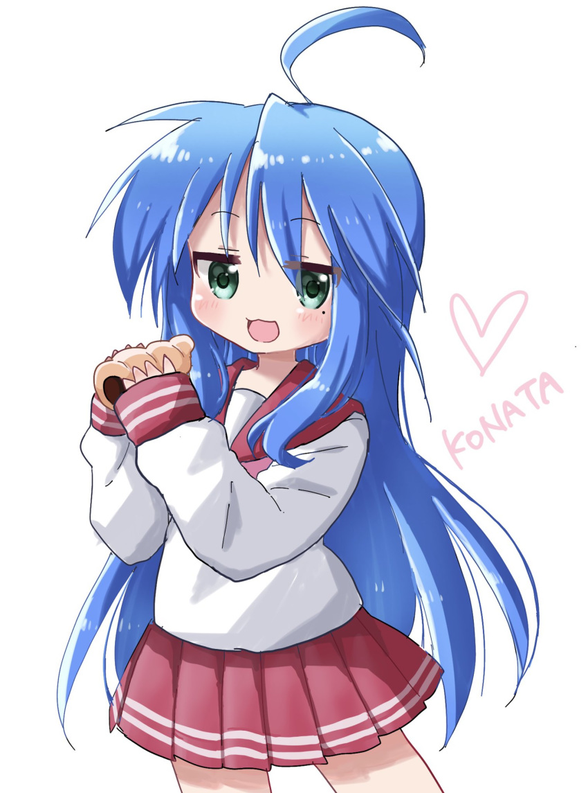 1girl :3 :d ahoge bangs blue_hair blush character_name chocolate_cornet commentary cowboy_shot eyebrows_visible_through_hair food green_eyes hair_between_eyes hands_up heart highres holding holding_food izumi_konata long_hair long_sleeves looking_at_viewer lucky_star mole mole_under_eye open_mouth pleated_skirt red_sailor_collar red_skirt sailor_collar shika_(s1ka) shirt simple_background skirt sleeves_past_wrists smile solo symbol_commentary very_long_hair white_background white_shirt