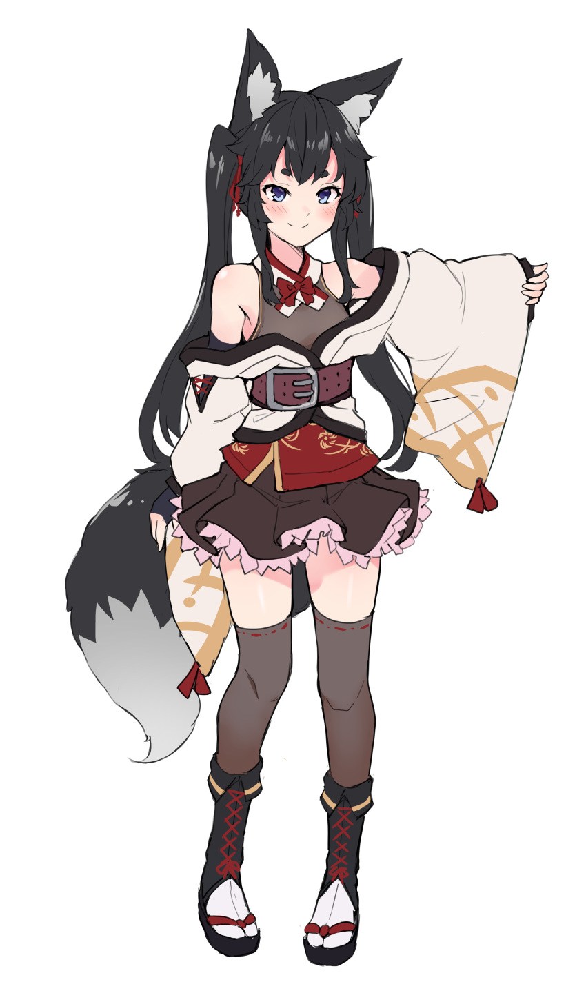 absurdres animal_ears bare_shoulders belt belt_buckle black_hair blue_eyes blush buckle commentary_request full_body hal_(h_lambda_l) highres long_hair looking_at_viewer original simple_background skirt smile solo standing tail thigh-highs white_background zettai_ryouiki