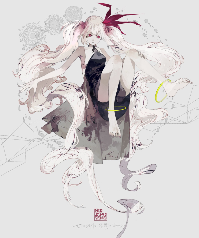 1girl absurdly_long_hair albino bare_arms bare_shoulders barefoot black_dress bow bright_pupils closed_mouth dress floating hair_bow highres kukka long_hair multicolored_hair original pale_skin red_bow red_eyes redhead smile solo toenails twintails very_long_hair white_hair