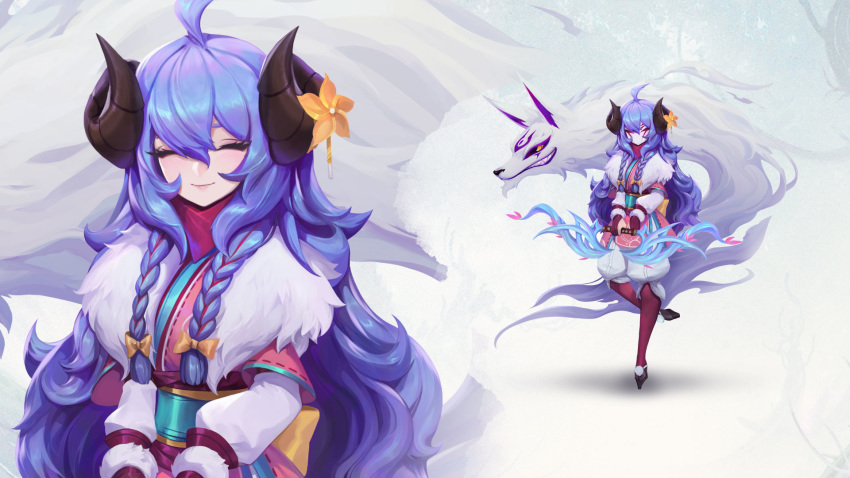 1girl ahoge alternate_costume animal_ears boots bow bow_(weapon) closed_eyes closed_mouth flower fur gloves glowing hair_flower hair_ornament highres holding holding_weapon horns japanese_clothes kimono kindred lamb_(league_of_legends) league_of_legends long_hair long_sleeves mask official_art purple_hair ribbon sheep_girl short_twintails smile spirit_blossom_kindred standing twintails weapon white_fur wolf wolf_(league_of_legends)
