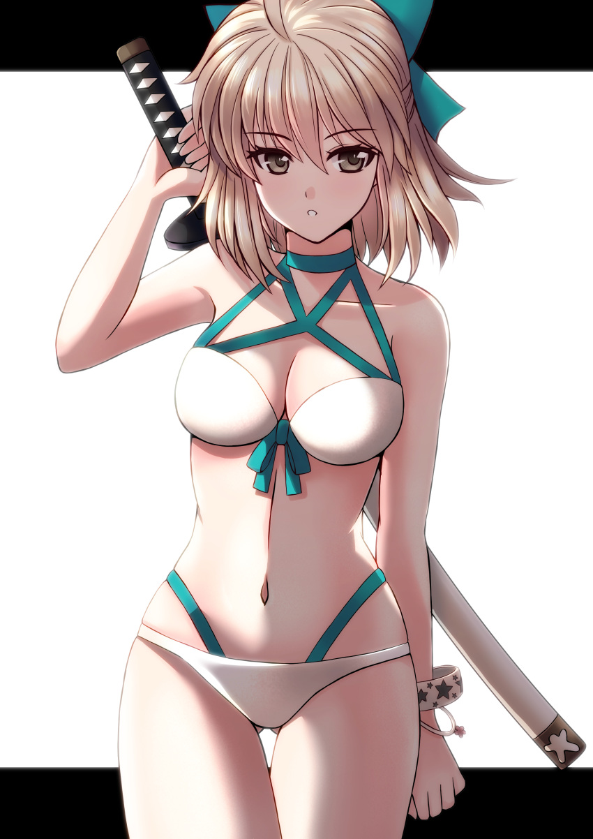 1girl absurdres bikini blonde_hair blue_ribbon bracelet breasts eyebrows_visible_through_hair fate/grand_order fate_(series) hair_ribbon hand_on_weapon highres jewelry katana looking_at_viewer medium_breasts medium_hair okita_souji_(alter)_(fate) okita_souji_(fate)_(all) okita_souji_(swimsuit_assassin)_(fate) open_mouth ribbon sawwei005 solo swimsuit sword thighs waist weapon white_background white_bikini yellow_eyes