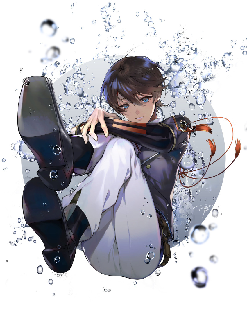 1boy absurdres black_footwear black_hair black_jacket blue_eyes blurry_foreground commentary earrings eyebrows_visible_through_hair full_body highres horikawa_kunihiro jacket jewelry male_focus military military_uniform pants short_hair simple_background smile solo stud_earrings tcb touken_ranbu uniform water_drop white_background white_pants