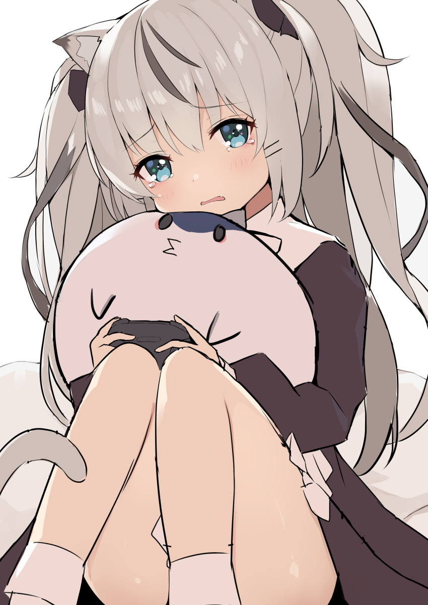 1girl absurdres animal_ear_fluff animal_ears animal_pillow bangs black_bow black_dress black_ribbon blue_eyes blush bow cat_ears cat_girl cat_tail controller dress eyebrows_visible_through_hair fang game_controller gamepad gedou_(shigure_seishin) grey_hair highres hinatsuki_mofu holding_game_controller indie_virtual_youtuber long_hair long_sleeves multicolored_hair neck_ribbon open_mouth pillow pillow_hug puffy_long_sleeves puffy_sleeves ribbon sad silver_hair sitting skin_fang solo tail tears twintails two-tone_hair