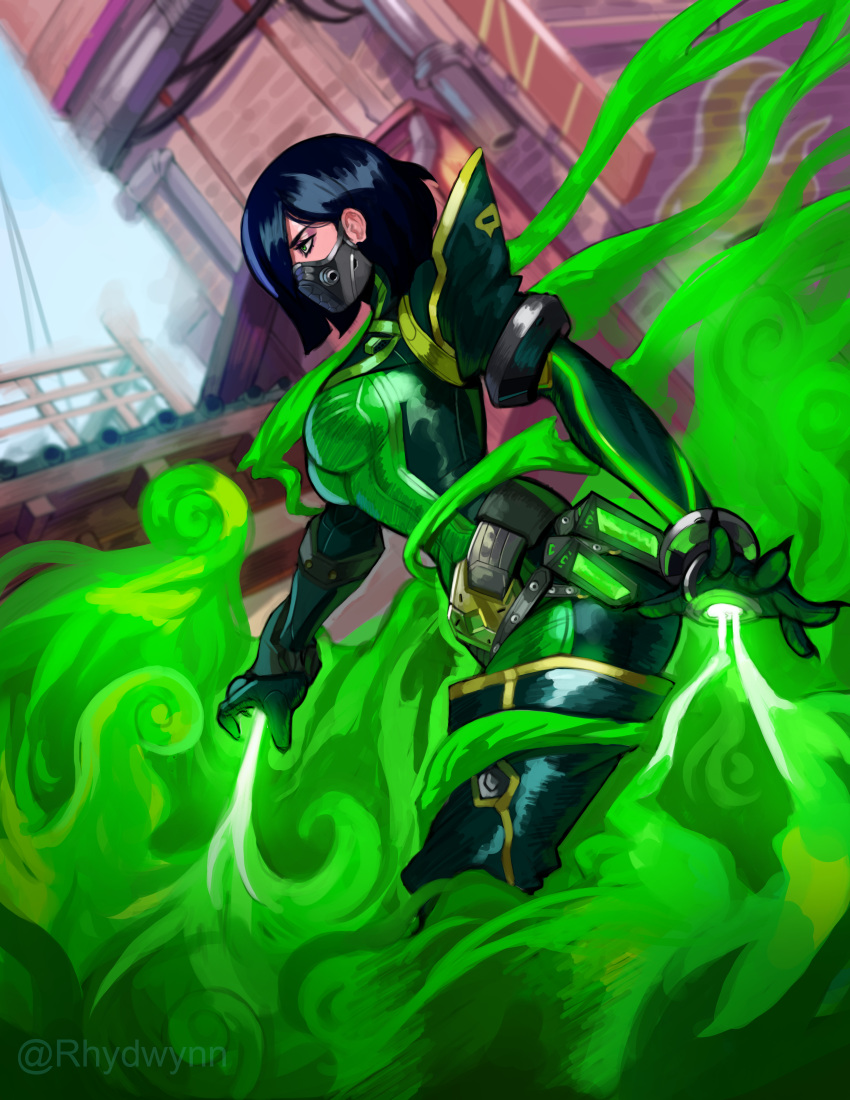 1girl asymmetrical_hair black_hair bodysuit boots breasts commentary day dutch_angle english_commentary glowing green_bodysuit green_eyes green_footwear green_smoke highres mask medium_breasts mouth_mask revision rhydwyn short_hair skin_tight smoke solo thigh-highs thigh_boots valorant viper_(valorant)