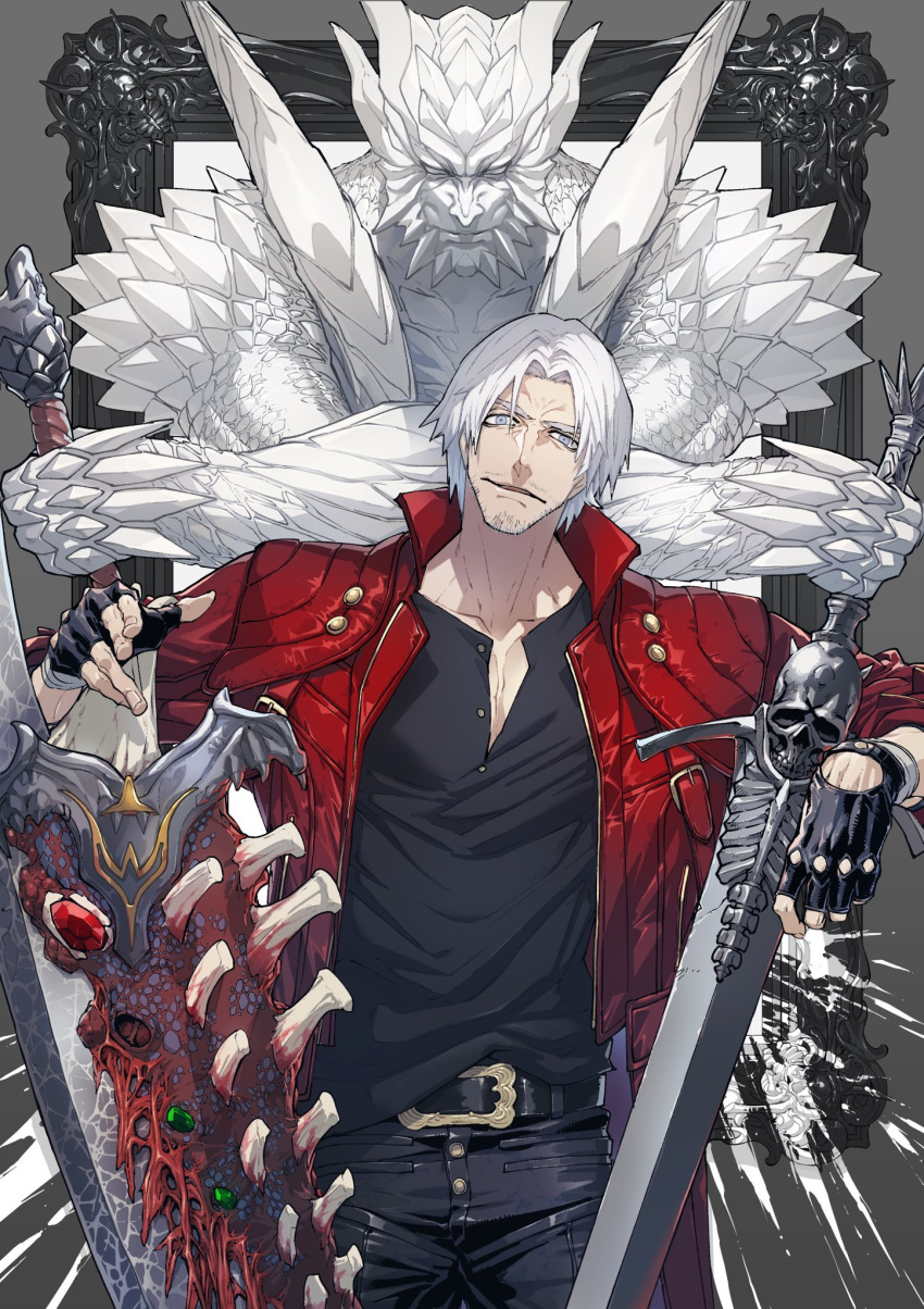 1boy bandages belt belt_buckle black_gloves buckle coat collarbone dante_(devil_may_cry) devil_may_cry devil_may_cry_5 devil_trigger dual_wielding facial_hair fingerless_gloves fingernails gloves grey_eyes highres holding holding_sword holding_weapon male_focus ogata_tomio parted_lips picture_frame red_coat solo splatter stubble sword weapon white_hair