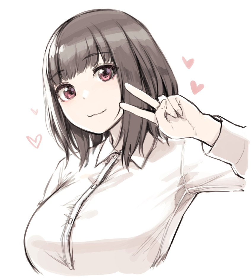 1girl breasts brown_hair closed_mouth collared_shirt eyebrows_visible_through_hair fingernails hand_up heart highres large_breasts looking_at_viewer original pink_eyes shirt short_hair simple_background smile solo sunaba_suzume upper_body v white_background white_shirt wing_collar