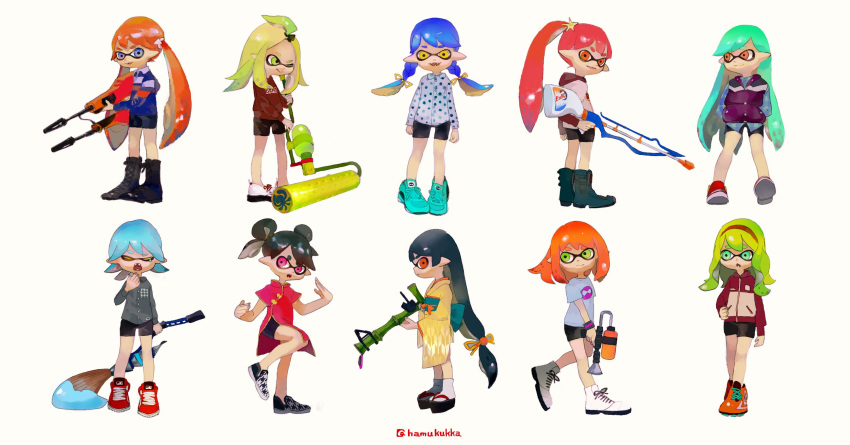 6+girls :d ankle_boots artist_name bike_shorts black_footwear black_hair blue_hair blue_jacket boots braid china_dress chinese_clothes clog_sandals closed_eyes closed_mouth cross-laced_footwear double_bun dress green_eyes green_hair green_sash gun hairband hands_in_pockets highres holding holding_gun holding_weapon hood hoodie jacket japanese_clothes kimono kukka long_hair looking_at_viewer low-tied_long_hair multiple_girls obi open_mouth orange_eyes orange_footwear orange_hair paint_can paint_roller parted_lips pointy_ears ponytail red_dress red_footwear red_sweater redhead sash shoes simple_background smile splatoon_(series) standing standing_on_one_leg sweater tabi tentacle_hair twin_braids twintails very_long_hair violet_eyes weapon white_background yellow_eyes yellow_kimono