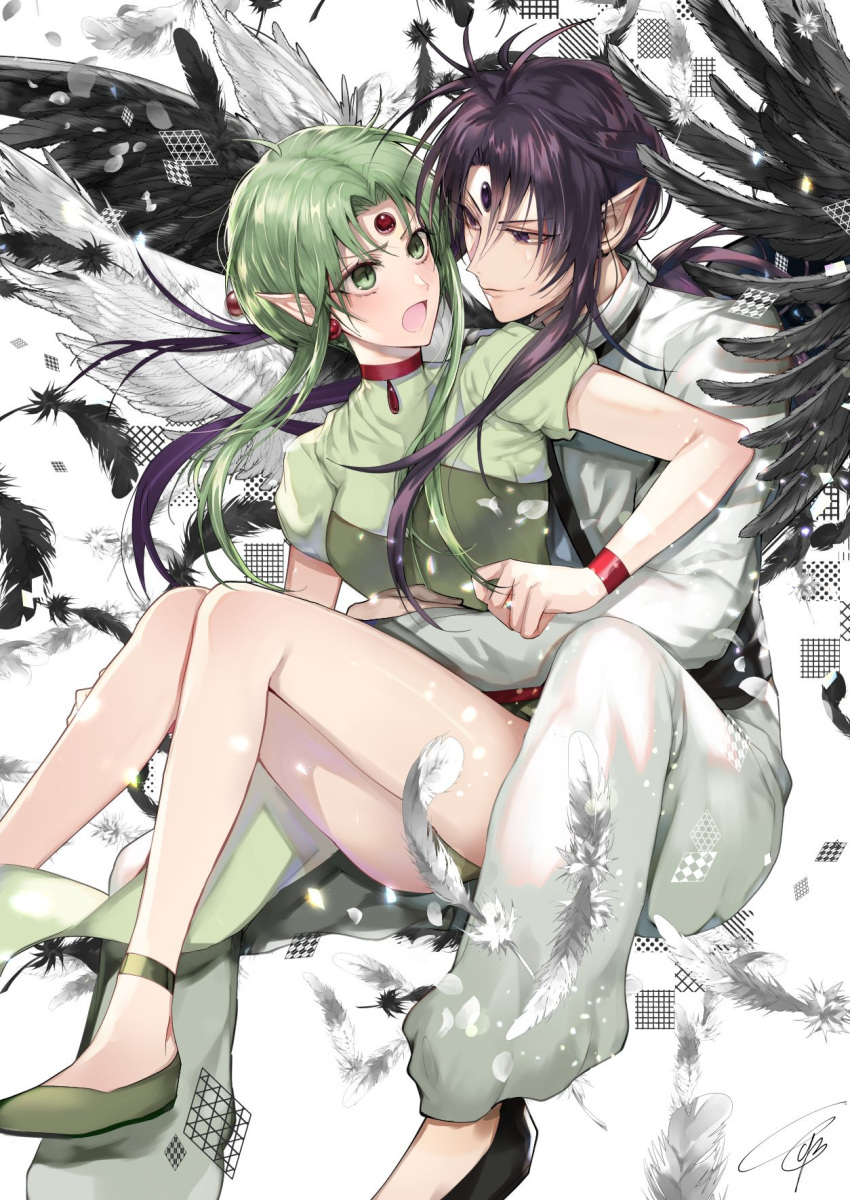 1boy 1girl access_time bangs black_wings breasts closed_mouth commentary earrings eyebrows_visible_through_hair facial_mark feathered_wings feet_out_of_frame finn_fish forehead_mark green_eyes green_hair hetero highres hug hug_from_behind jewelry kamikaze_kaitou_jeanne long_hair long_sleeves looking_at_another open_mouth parted_bangs pointy_ears purple_hair short_sleeves sidelocks smile tcb thighs upper_body v-shaped_eyebrows violet_eyes white_wings wings