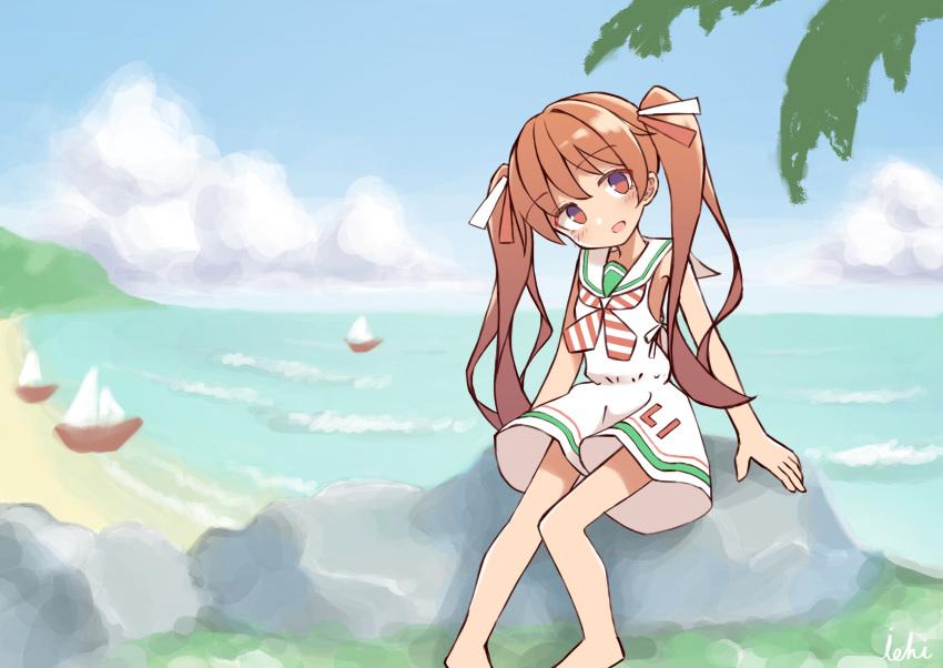 1girl absurdres beach blue_sky boat brown_hair clouds commentary day dress fang highres horizon ichi kantai_collection libeccio_(kantai_collection) long_hair looking_at_viewer neckerchief ocean outdoors red_eyes rock sailboat sailor_dress sitting sky sleeveless sleeveless_dress solo striped striped_neckwear tan twintails water watercraft white_dress