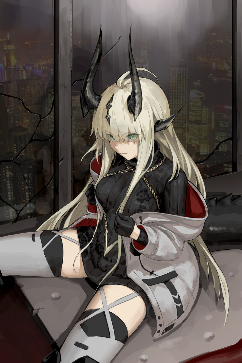 1girl absurdres ahoge arknights black_legwear chain closed_mouth coat crack dragon_girl dragon_horns dragon_tail egk513 eyebrows_visible_through_hair gloves highres horns long_hair reed_(arknights) sitting solo sweater tail turtleneck turtleneck_sweater