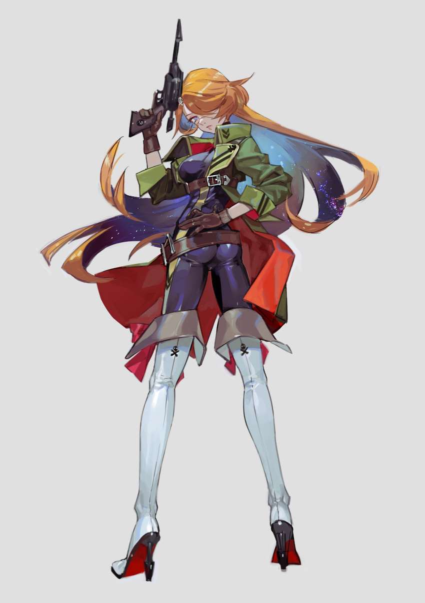 1girl ass belt blue_eyes bodysuit boots breasts brown_gloves coat colored_inner_hair eyelashes facial_scar from_behind full_body gloves gun hair_over_one_eye hand_on_hip harlock_saga high_heel_boots high_heels highres holding holding_gun holding_weapon lips long_hair looking_back multicolored_hair nishihara_isao nose_scar orange_hair personification scar shiny shiny_clothes skin_tight solo spandex standing thigh-highs thigh_boots trefoil very_long_hair weapon wind wind_lift