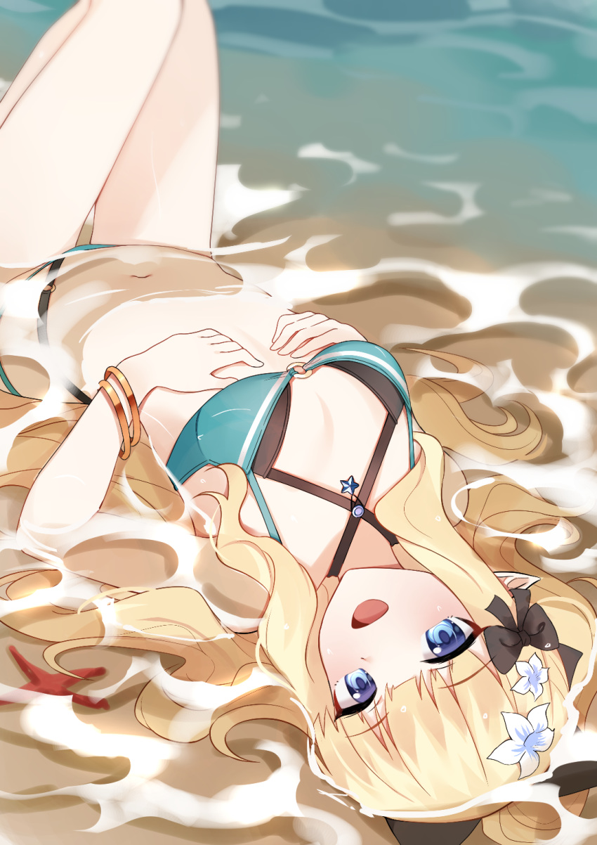 1girl bangs bikini black_bow blonde_hair blue_eyes blush bow breasts elf eyebrows_visible_through_hair flower hair_bow hair_flower hair_ornament highres large_breasts long_hair looking_at_viewer open_mouth pointy_ears ponytail princess_connect! princess_connect!_re:dive quiet saren_(princess_connect!) smile solo swimsuit