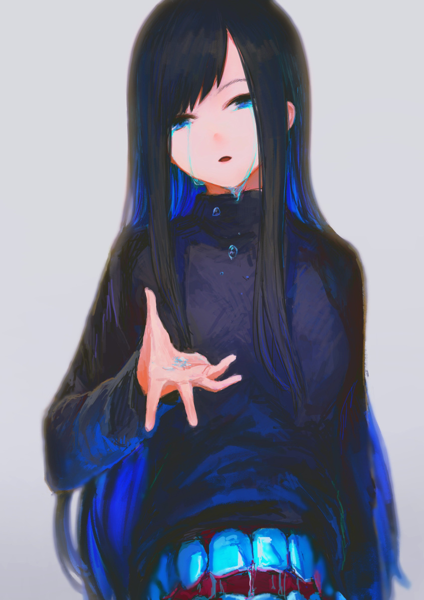 1girl absurdres black_hair blue_eyes blue_hair character_request crying dripping extra_mouth grey_background highres long_hair multicolored multicolored_hair open_mouth original richard_viii saliva simple_background solo tears teeth turtleneck upper_body