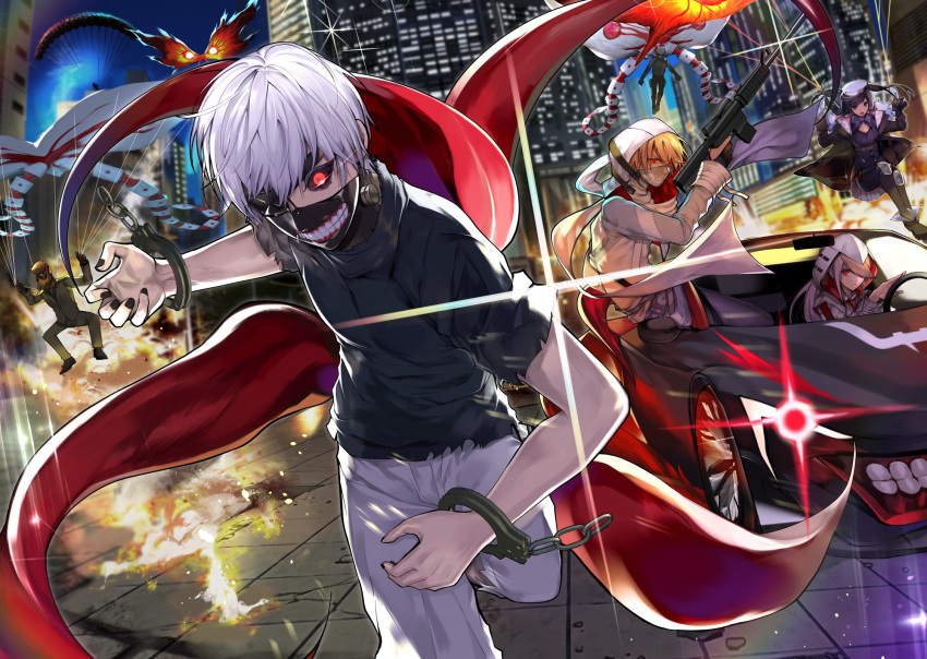 black_sclera black_shirt blonde_hair blurry blurry_background car character_request commentary_request crossover destruction driving ground_vehicle gun hair_over_one_eye highres holding holding_gun holding_weapon hood hood_up horse_mask kagune_(tokyo_ghoul) kaneki_ken knives_out long_hair looking_at_viewer male_focus mask motor_vehicle mouth_mask multiple_boys multiple_girls nail_polish one_eye_covered red_eyes running shirt short_hair tcb tokyo_ghoul weapon weapon_request white_hair wrist_cuffs