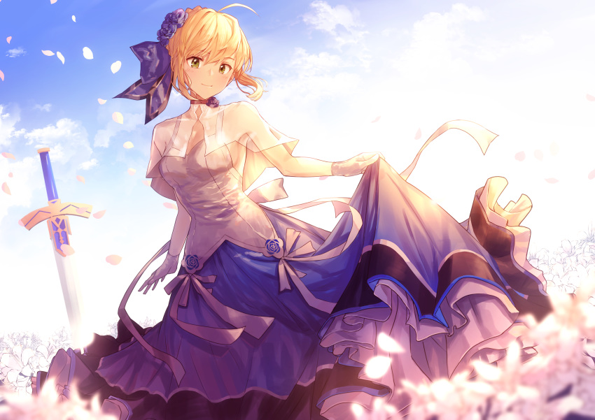 1girl absurdres alternate_costume artoria_pendragon_(all) blonde_hair blue_sky blush breasts capelet clouds commentary_request day excalibur fate/grand_order fate_(series) flower frilled_skirt frills hair_flower hair_ornament hair_ribbon hair_up highres light_smile long_skirt looking_at_viewer medium_breasts nakanishi_tatsuya outdoors petals purple_flower purple_ribbon purple_rose purple_skirt ribbon rose saber shirt skirt skirt_lift sky solo sword weapon white_capelet white_shirt yellow_eyes