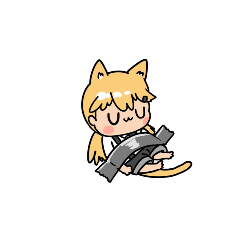 1girl :3 afei_(sfma3248) against_wall animal_ears barefoot black_shorts blonde_hair blush_stickers cat_ears cat_tail chibi closed_eyes comedian_(artwork) duct_tape girls_frontline idw_(girls_frontline) long_hair parody shirt shorts simple_background solo suspenders tail twintails white_background white_shirt