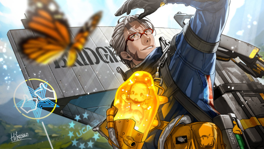 1boy arm_up artist_name arurandis beard blue_jacket blurry_foreground bug butterfly commentary_request cosplay facial_hair glasses gloves grey_hair grin highres hikosan20216917 holostars insect jacket outdoors rigging sam_porter_bridges sam_porter_bridges_(cosplay) smile virtual_youtuber