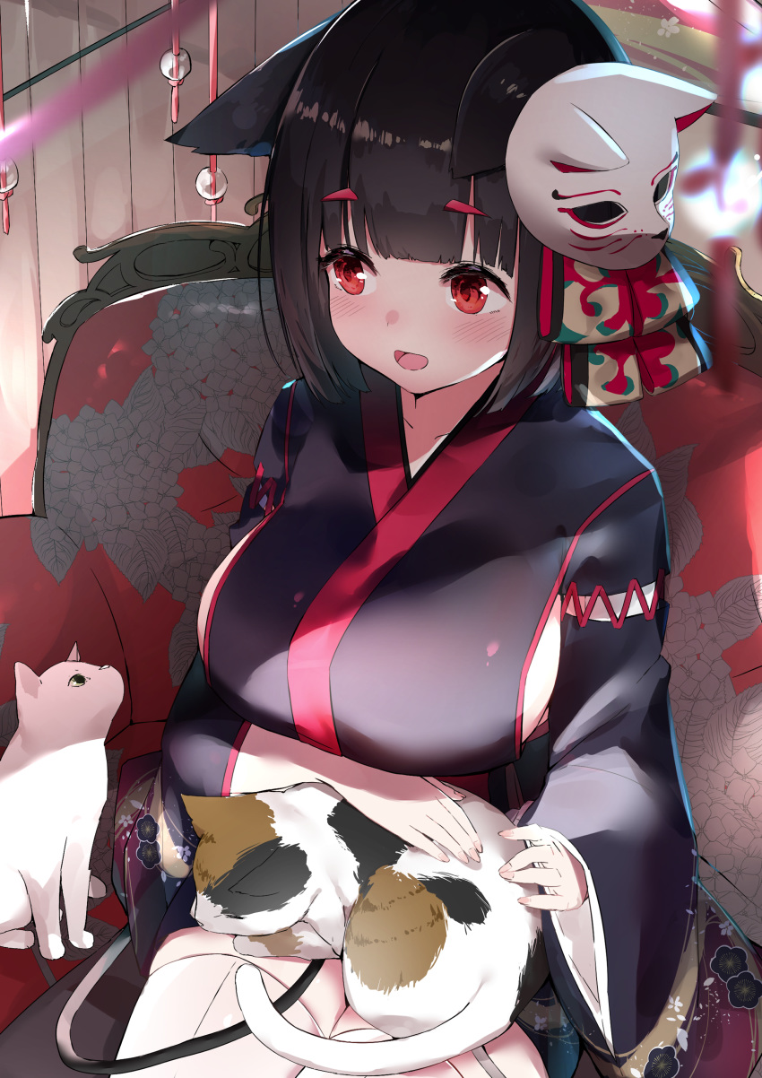 1girl absurdres animal_ears azur_lane bangs black_hair black_kimono blush breasts cat cat_ears commentary_request cotton_kanzaki eyebrows_visible_through_hair floral_print highres indoors japanese_clothes kimono large_breasts long_sleeves mask mask_on_head open_mouth red_eyes short_hair sideboob sitting smile solo thigh-highs white_legwear wide_sleeves yamashiro_(azur_lane)