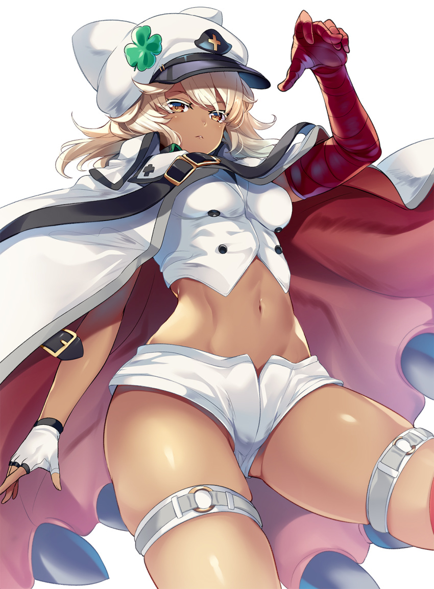 1girl ass_visible_through_thighs bandaged_arm bandages breasts brown_eyes cape clover commentary_request crop_top dark_skin fingerless_gloves four-leaf_clover gloves guilty_gear guilty_gear_strive highres hinata_sora medium_breasts medium_hair navel o-ring platinum_blonde_hair ramlethal_valentine short_shorts shorts single_fingerless_glove skindentation solo stomach thigh_strap white_shorts
