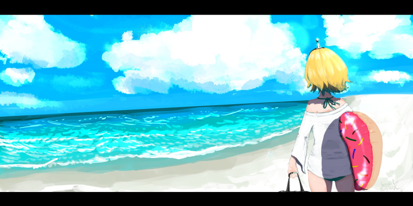 1girl amano_pikamee artist_name bag bare_shoulders basedshark beach bikini bikini_under_clothes black_hairband blonde_hair blue_sky clouds cloudy_sky commentary day english_commentary facing_away green_bikini green_hair green_nails hairband highres holding holding_bag horizon innertube letterboxed multicolored_hair nail_polish ocean off-shoulder_shirt off_shoulder outdoors shirt short_hair signature sky solo standing swimsuit two-tone_hair virtual_youtuber voms water white_shirt wide_shot