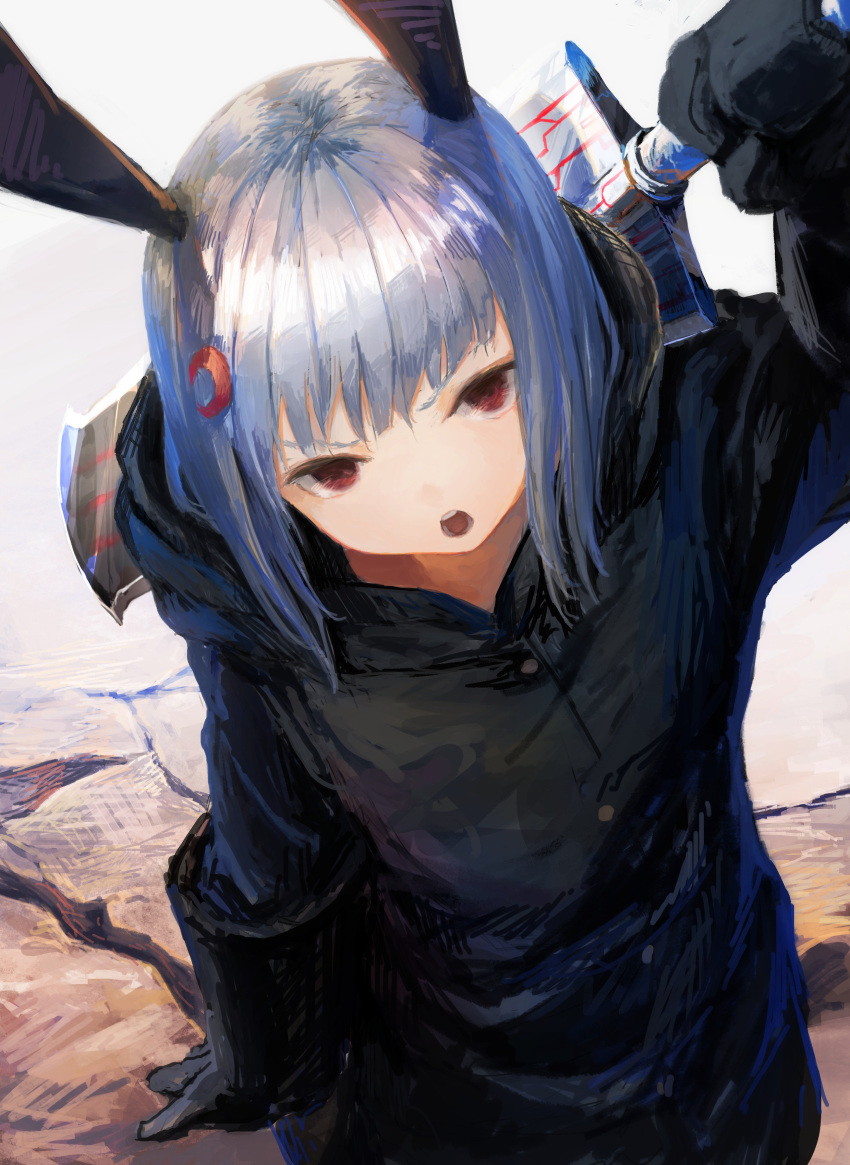 1girl absurdres animal_ears black_gloves black_jacket bra crack cracked_floor fake_animal_ears gloves grey_hair hair_ornament highres holding holding_sword holding_weapon jacket looking_at_viewer open_bra open_mouth original outdoors over_shoulder rabbit_ears red_eyes richard_viii shiny shiny_hair short_hair solo sword sword_over_shoulder teeth tongue underwear weapon weapon_over_shoulder