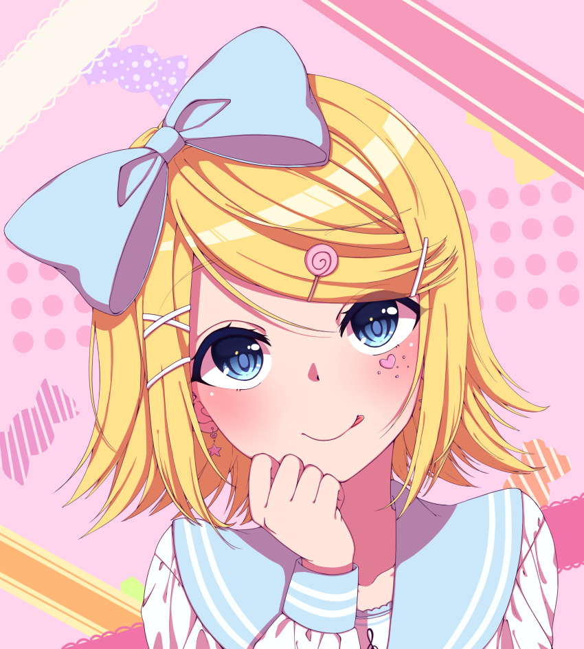 1girl :p absurdres bangs blonde_hair blue_eyes blue_sailor_collar blush collared_shirt earrings eyebrows_visible_through_hair hair_between_eyes hair_ornament heart highres inu8neko jewelry kagamine_rin long_sleeves looking_at_viewer sailor_collar sailor_shirt shiny shiny_hair shirt short_hair smile solo star_(symbol) star_earrings swept_bangs tongue tongue_out upper_body vocaloid white_shirt x_hair_ornament